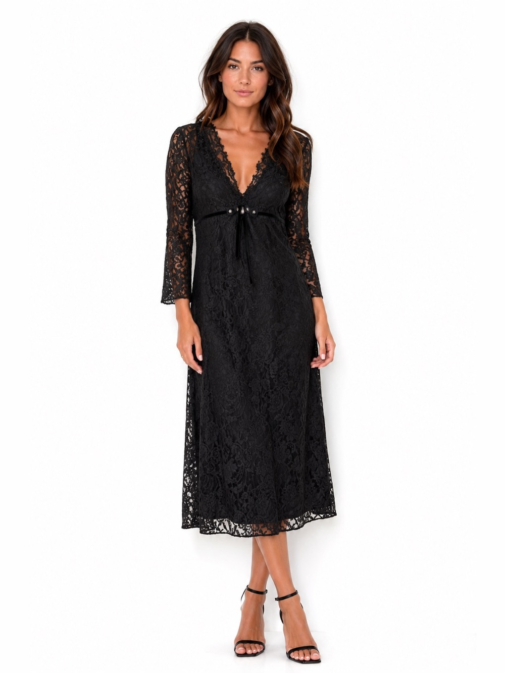 Vera Wang Vintage Floral Lace Black Long Sleeve Dress Womens 4